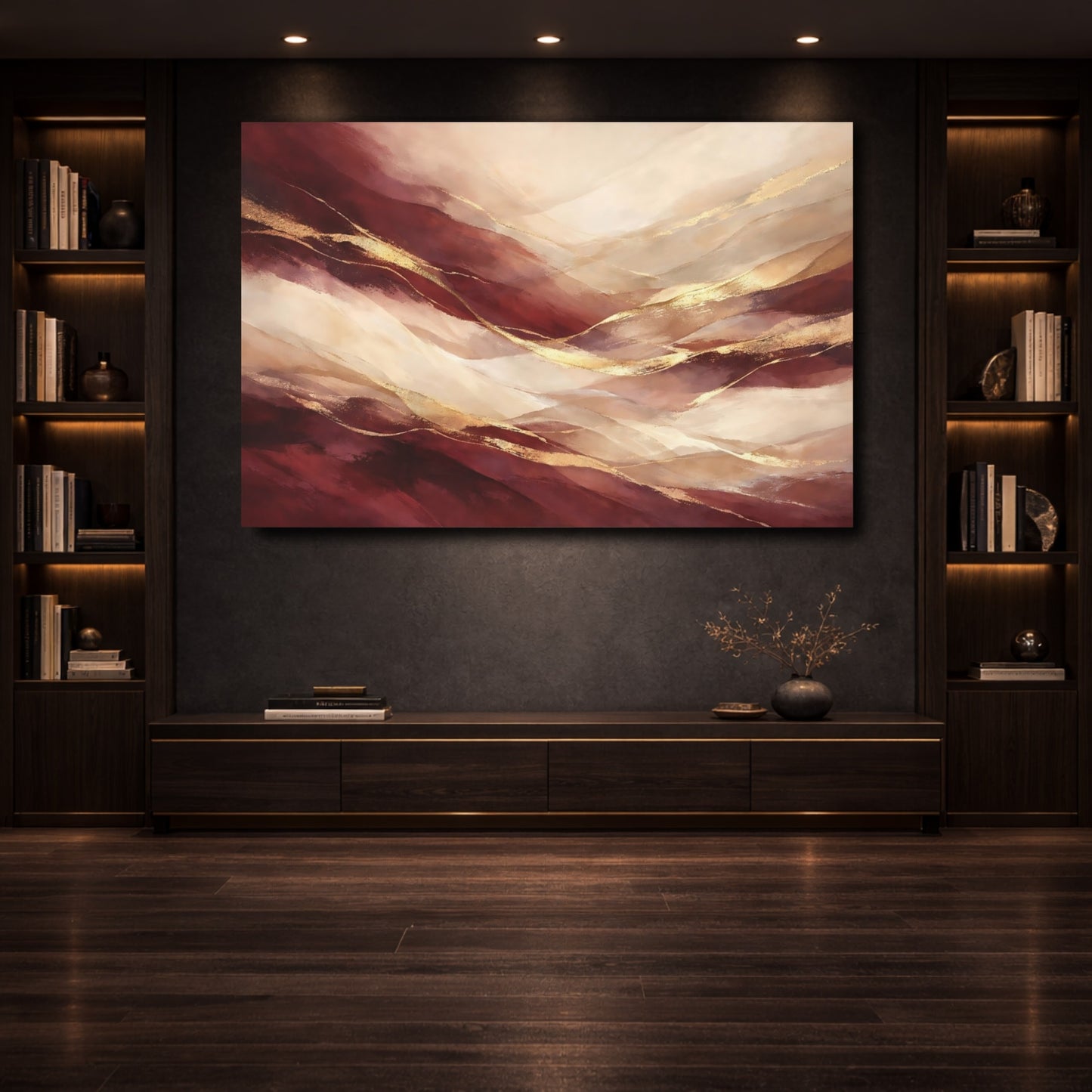 Mockup 3. Abstract Abstract Waves Burgundy Gold Abstract shown as stretched canvas wall art