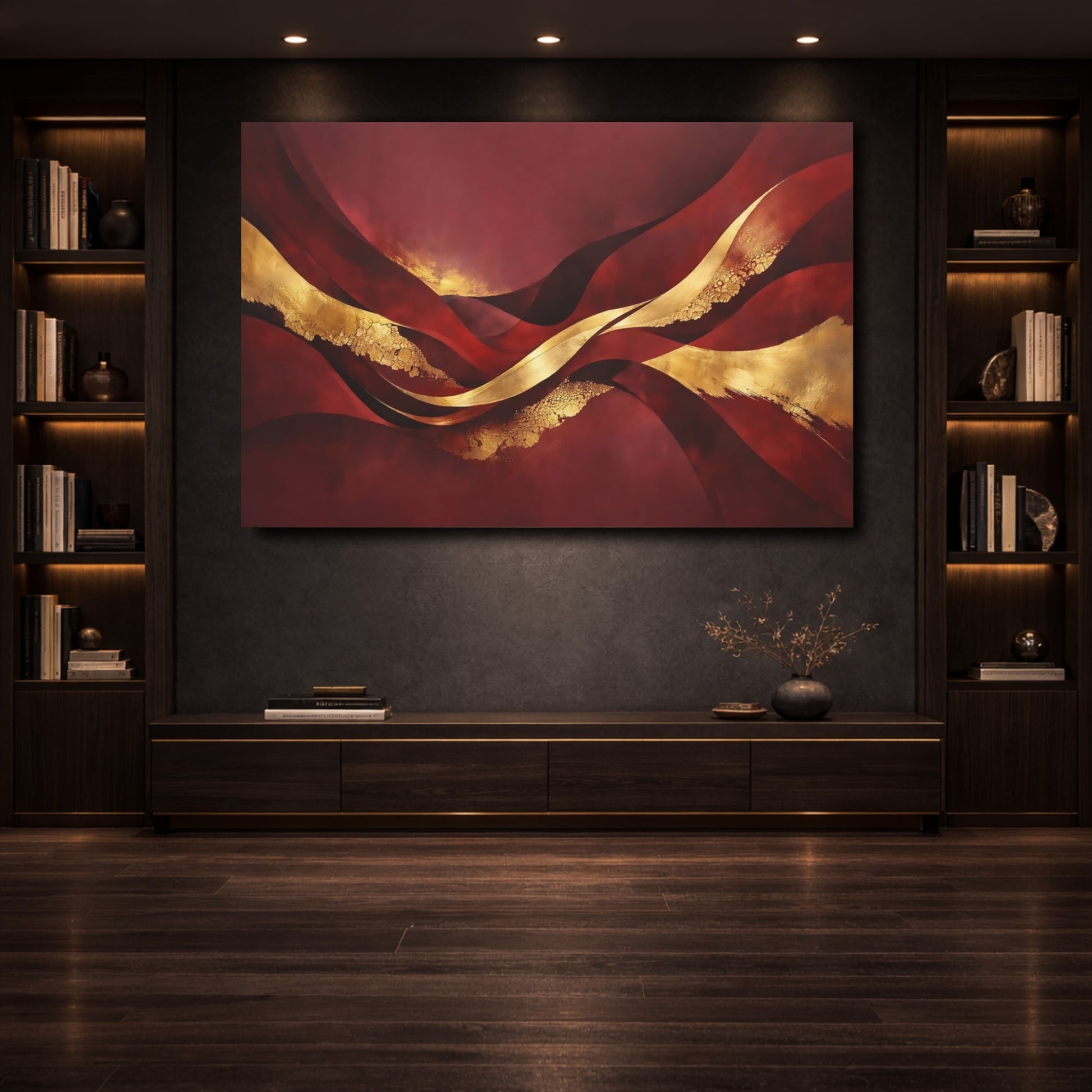 Mockup 3. Abstract Abstract Waves Burgundy Gold Abstract shown as stretched canvas wall art