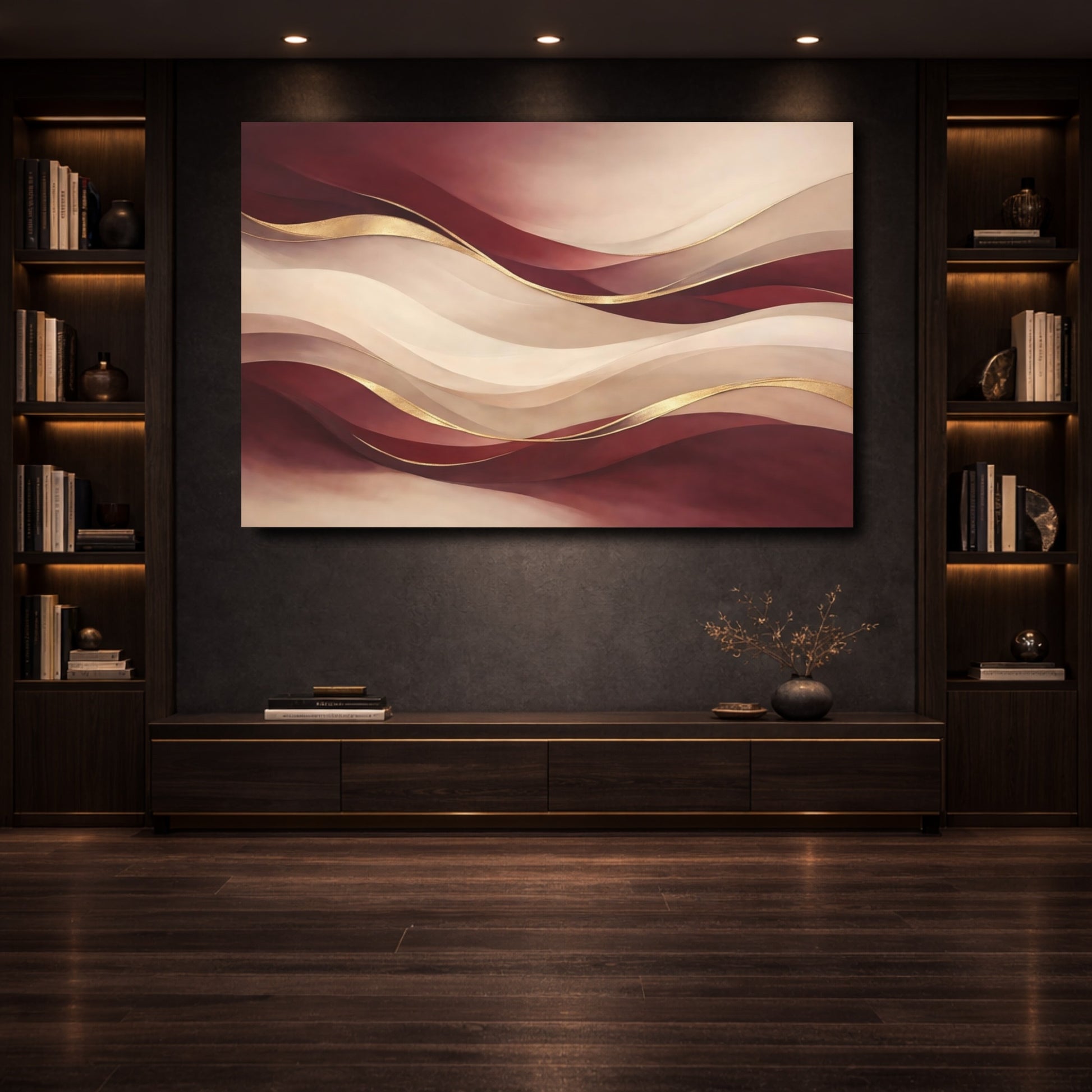 Mockup 3. Abstract Abstract Waves Burgundy Gold Abstract shown as stretched canvas wall art