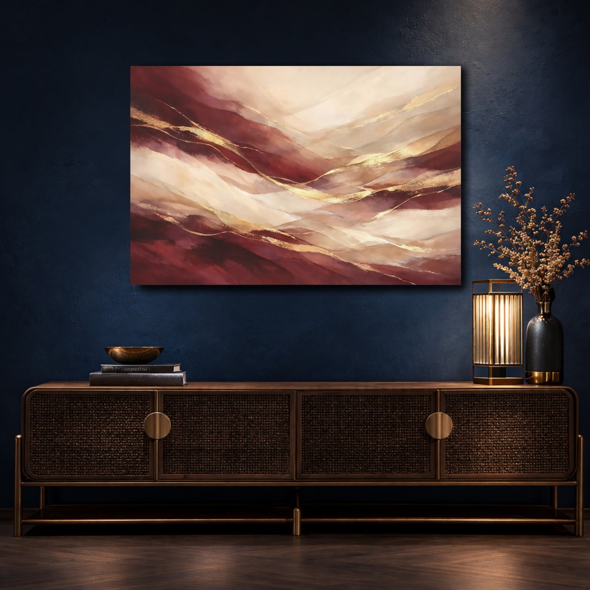 Mockup 4. Abstract Abstract Waves Burgundy Gold Abstract shown as stretched canvas wall art