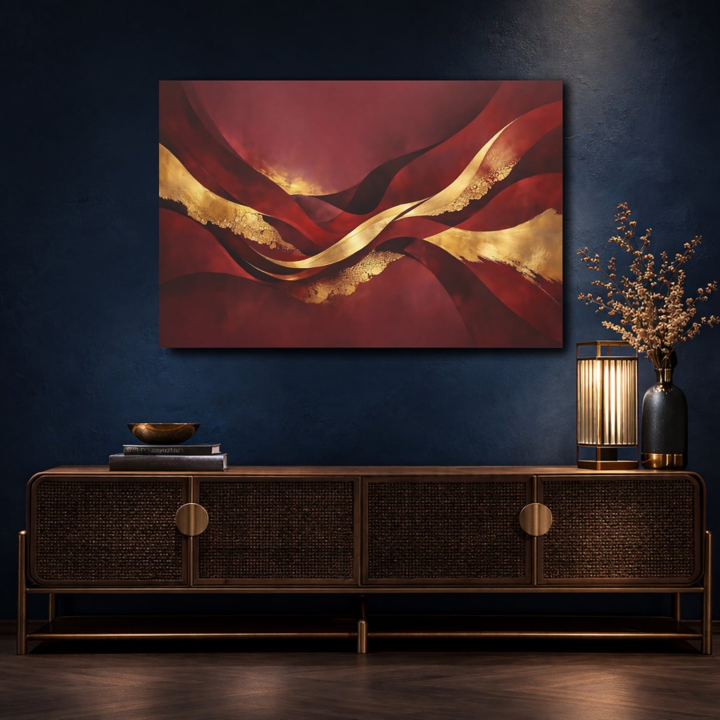 Mockup 4. Abstract Abstract Waves Burgundy Gold Abstract shown as stretched canvas wall art