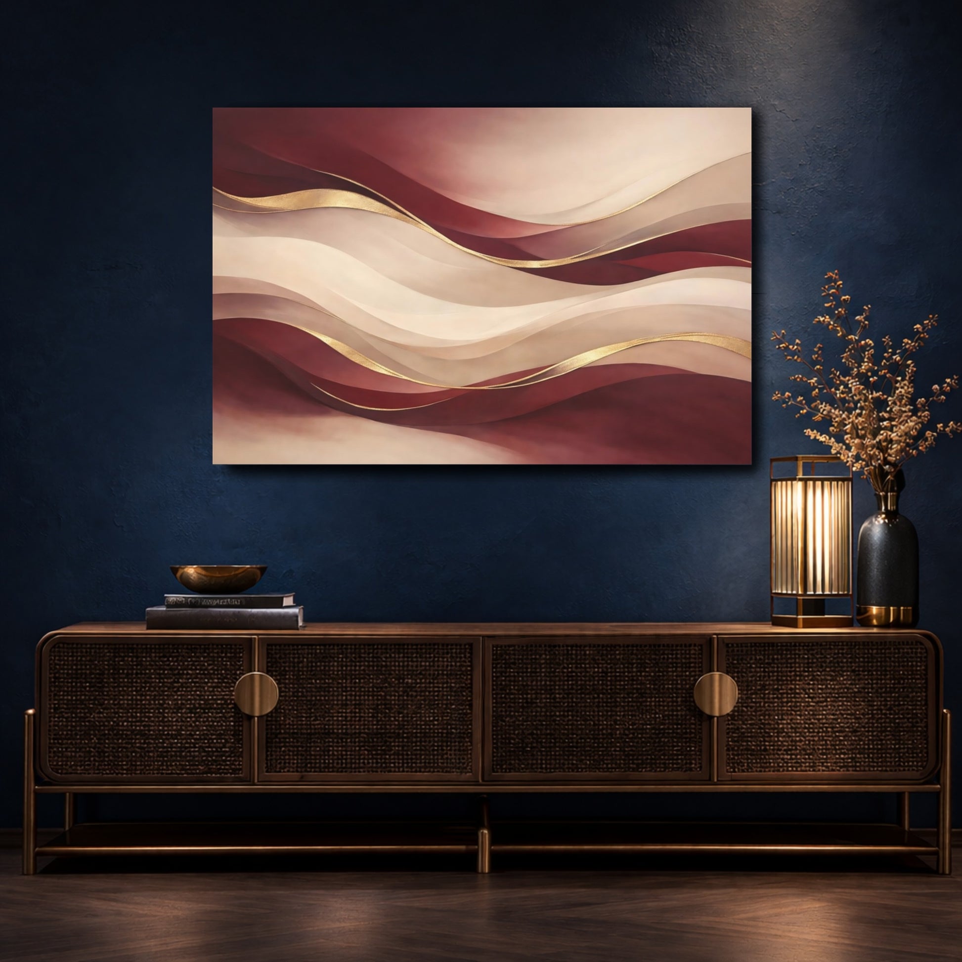 Mockup 4. Abstract Abstract Waves Burgundy Gold Abstract shown as stretched canvas wall art