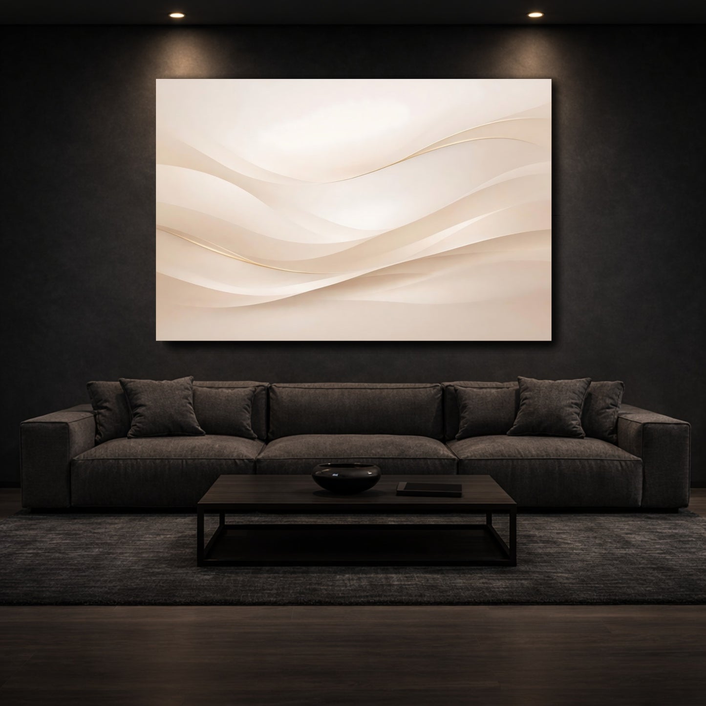 Mockup 2. Abstract Abstract Waves Cream And Gold shown as stretched canvas wall art