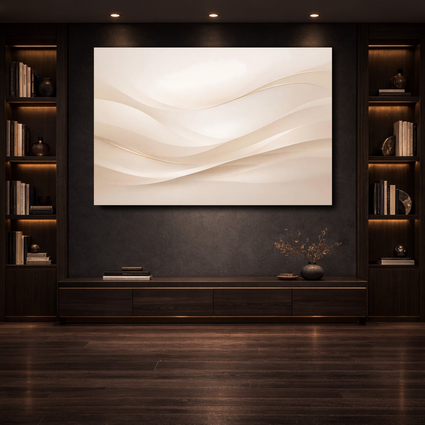 Mockup 3. Abstract Abstract Waves Cream And Gold shown as stretched canvas wall art