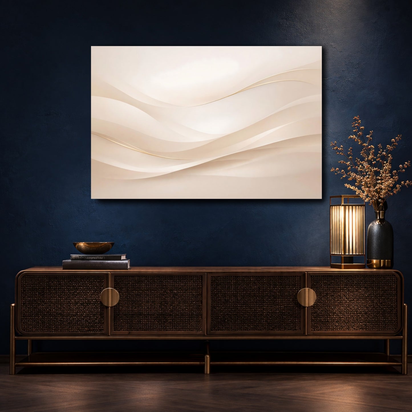 Mockup 4. Abstract Abstract Waves Cream And Gold shown as stretched canvas wall art