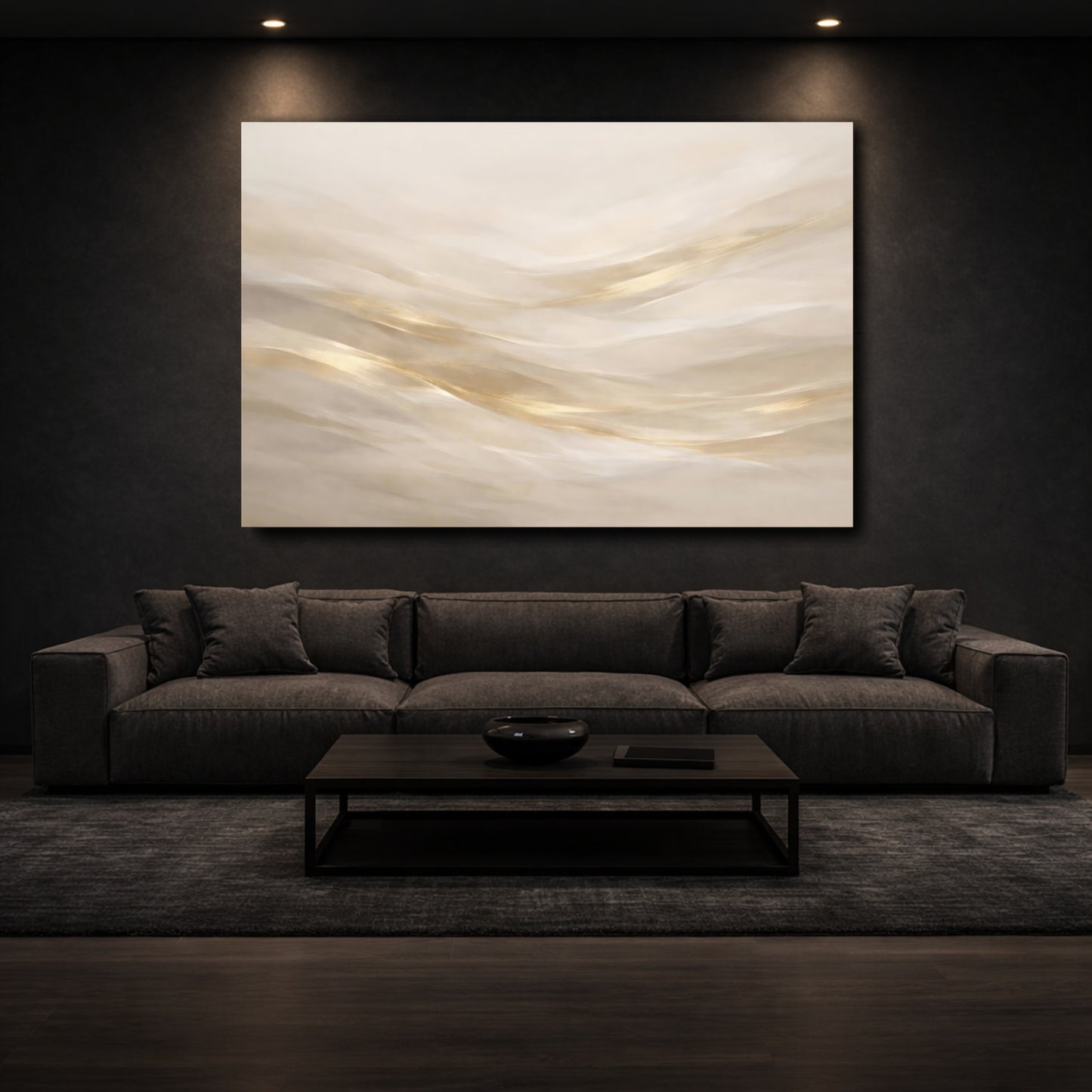 Mockup 2. Abstract Abstract Waves Cream Gold Abstract shown as stretched canvas wall art
