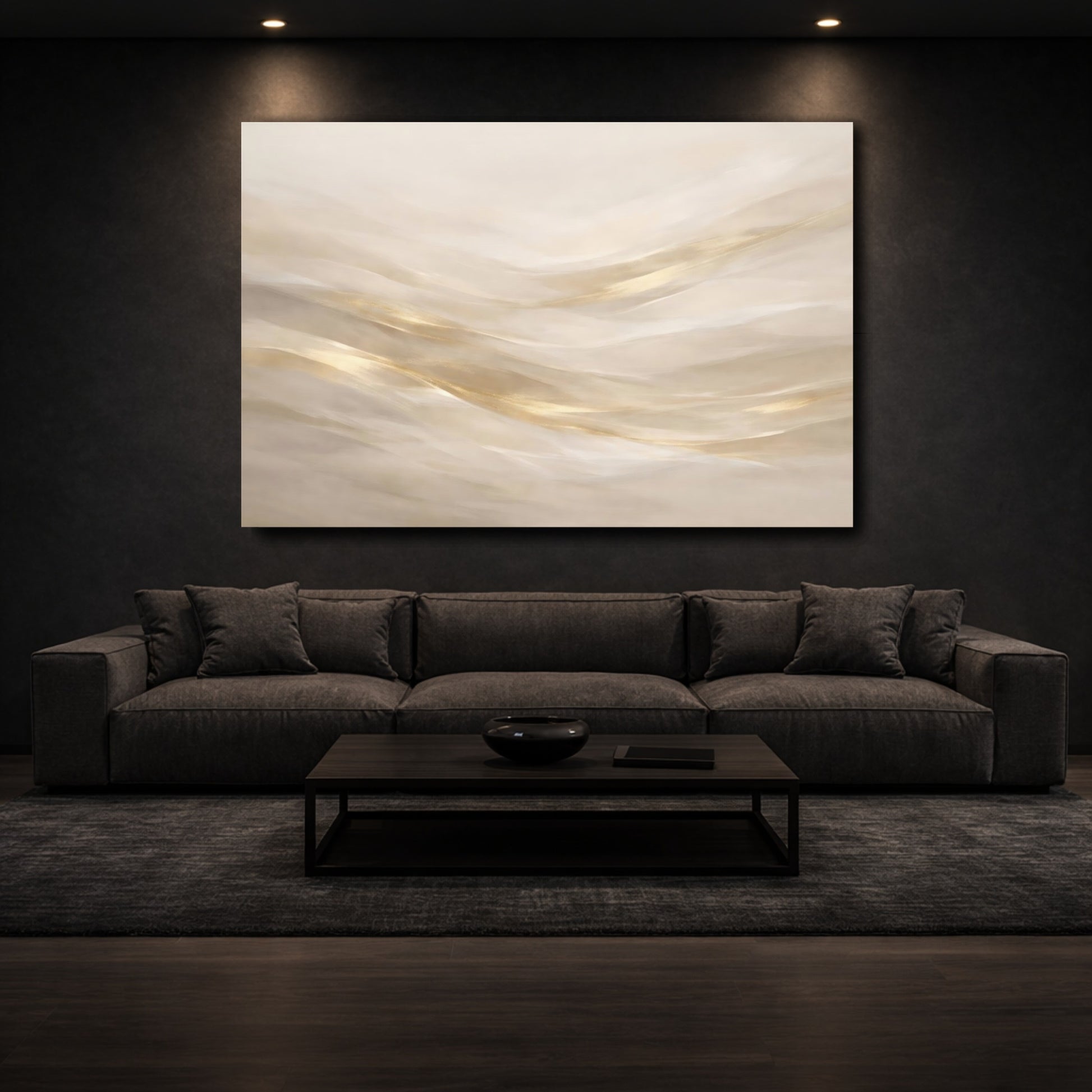 Mockup 2. Abstract Abstract Waves Cream Gold Abstract shown as stretched canvas wall art