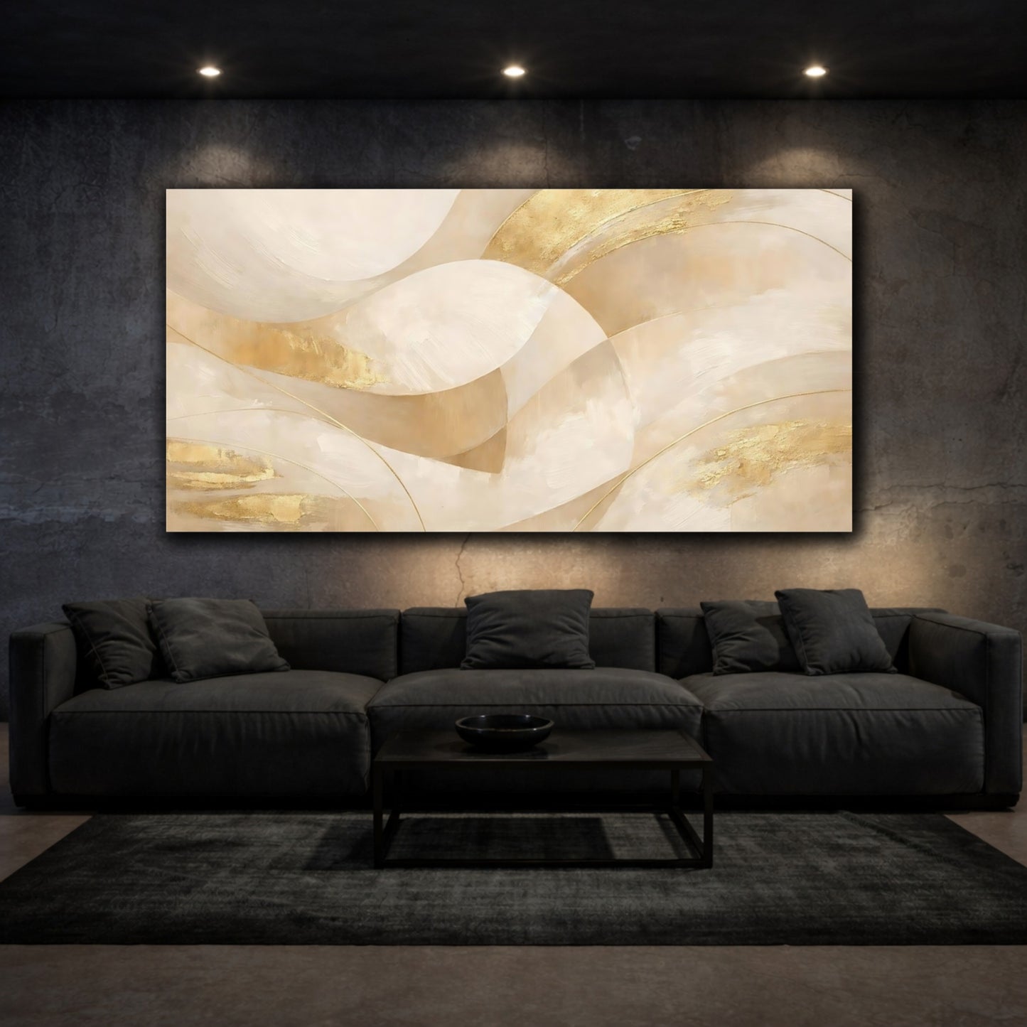 Mockup 2. Abstract Abstract Waves Cream Gold Abstract shown as stretched canvas wall art