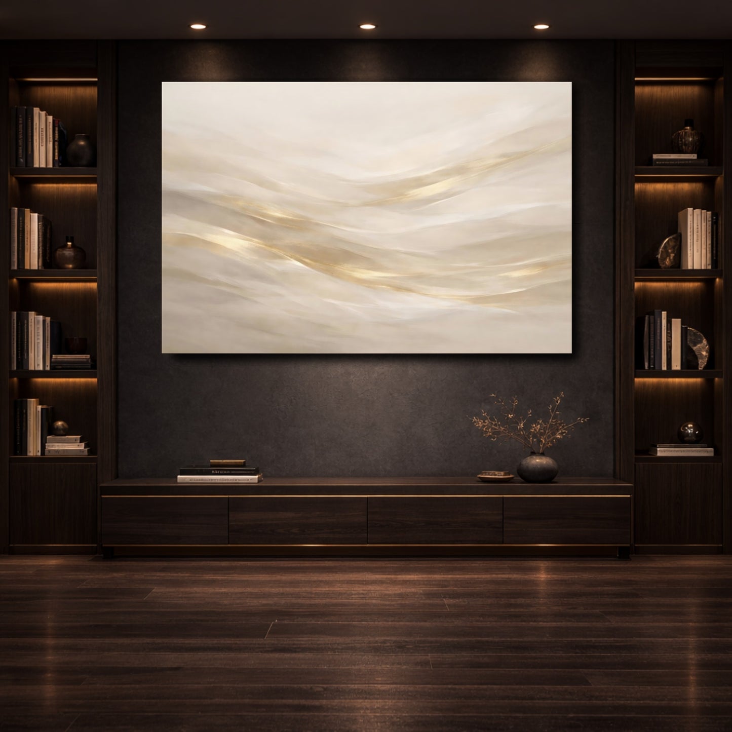 Mockup 3. Abstract Abstract Waves Cream Gold Abstract shown as stretched canvas wall art