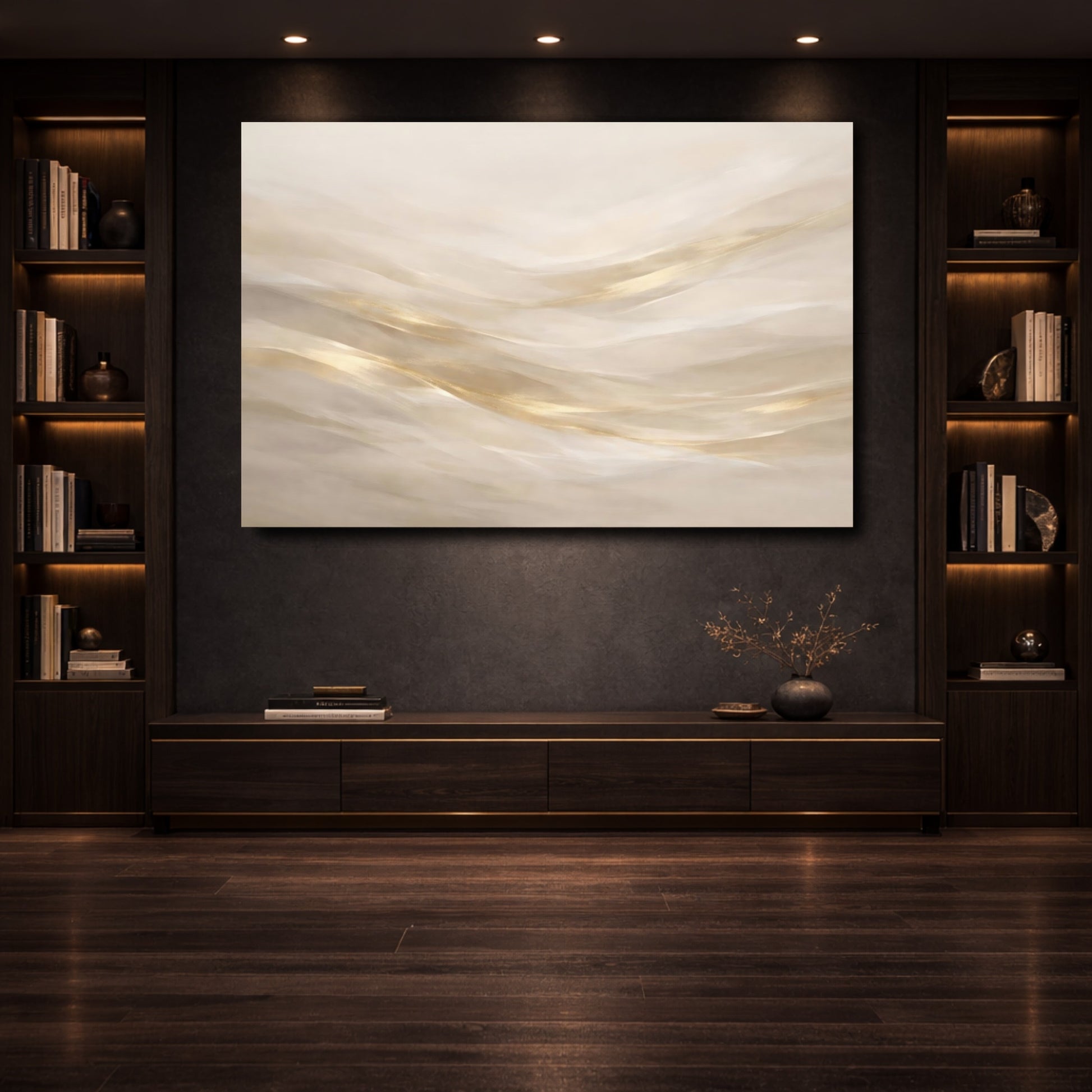 Mockup 3. Abstract Abstract Waves Cream Gold Abstract shown as stretched canvas wall art