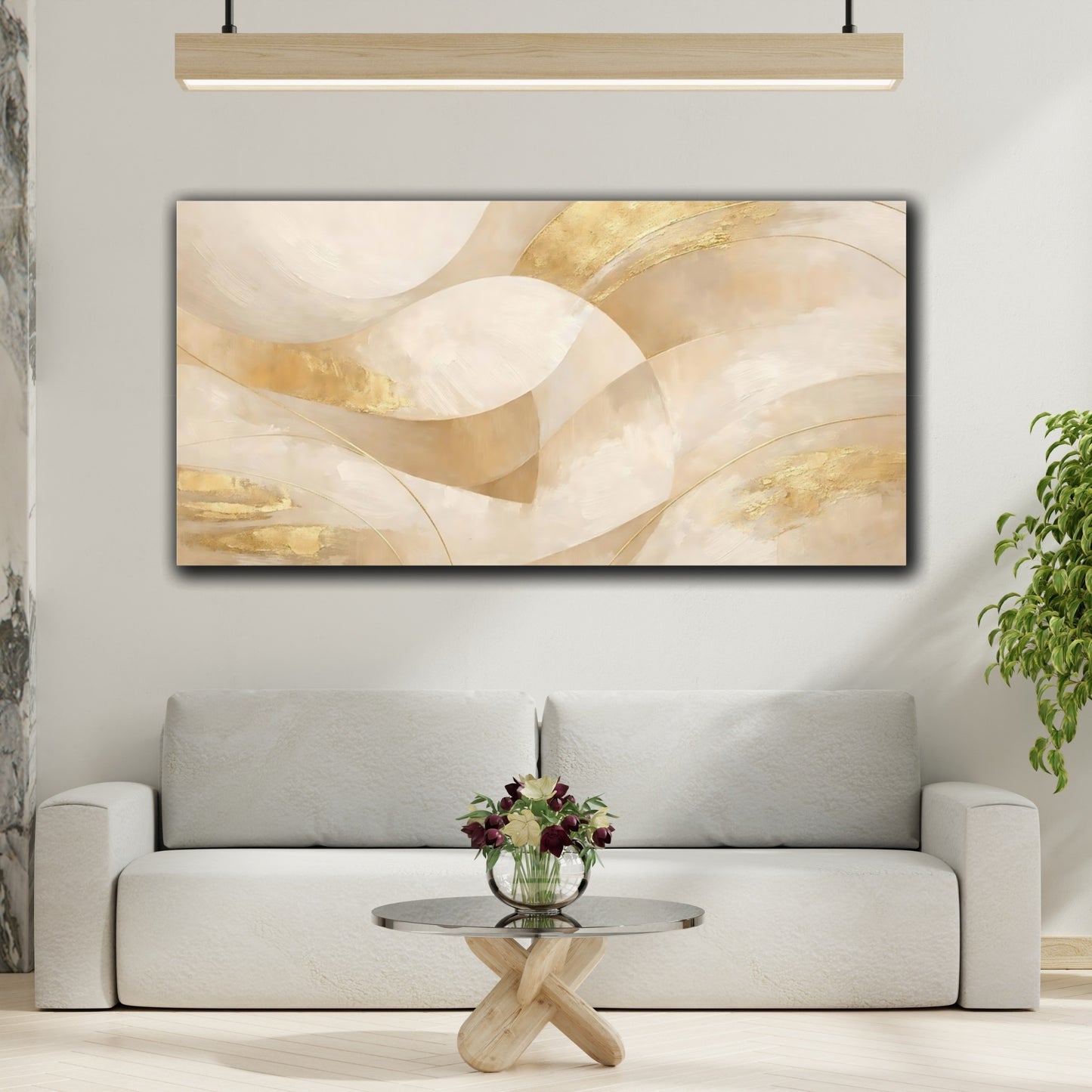 Mockup 3. Abstract Abstract Waves Cream Gold Abstract shown as stretched canvas wall art