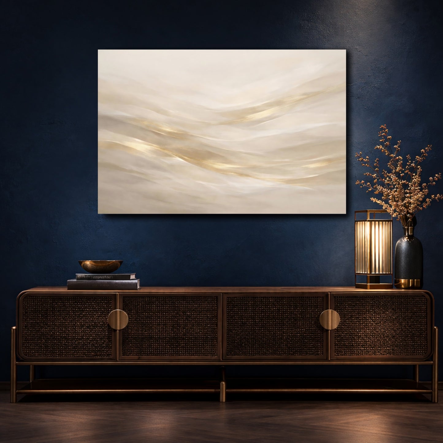 Mockup 4. Abstract Abstract Waves Cream Gold Abstract shown as stretched canvas wall art