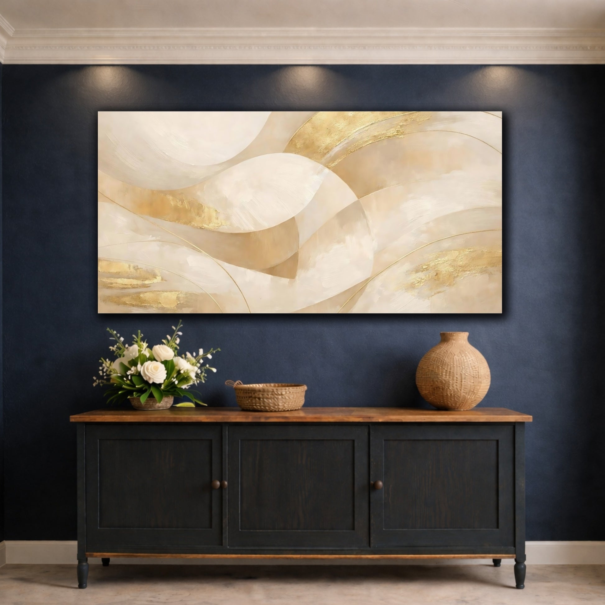 Mockup 4. Abstract Abstract Waves Cream Gold Abstract shown as stretched canvas wall art