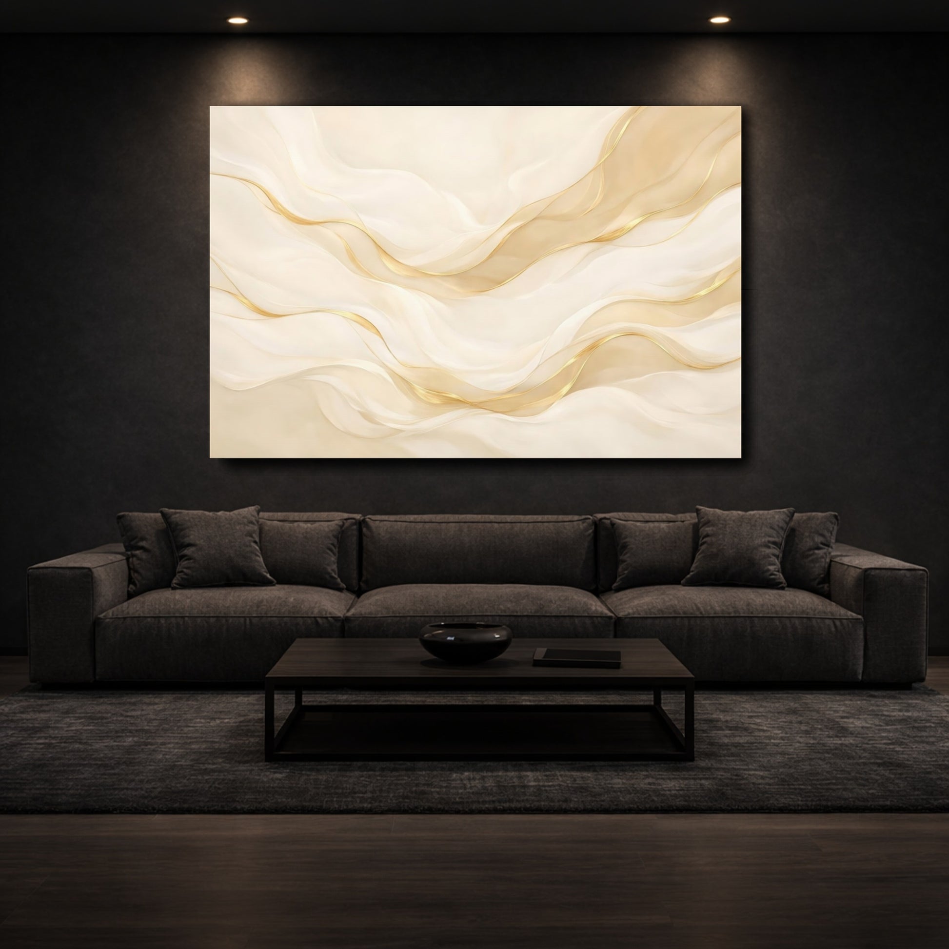 Mockup 2. Abstract Abstract Waves Cream Gold Waves shown as stretched canvas wall art
