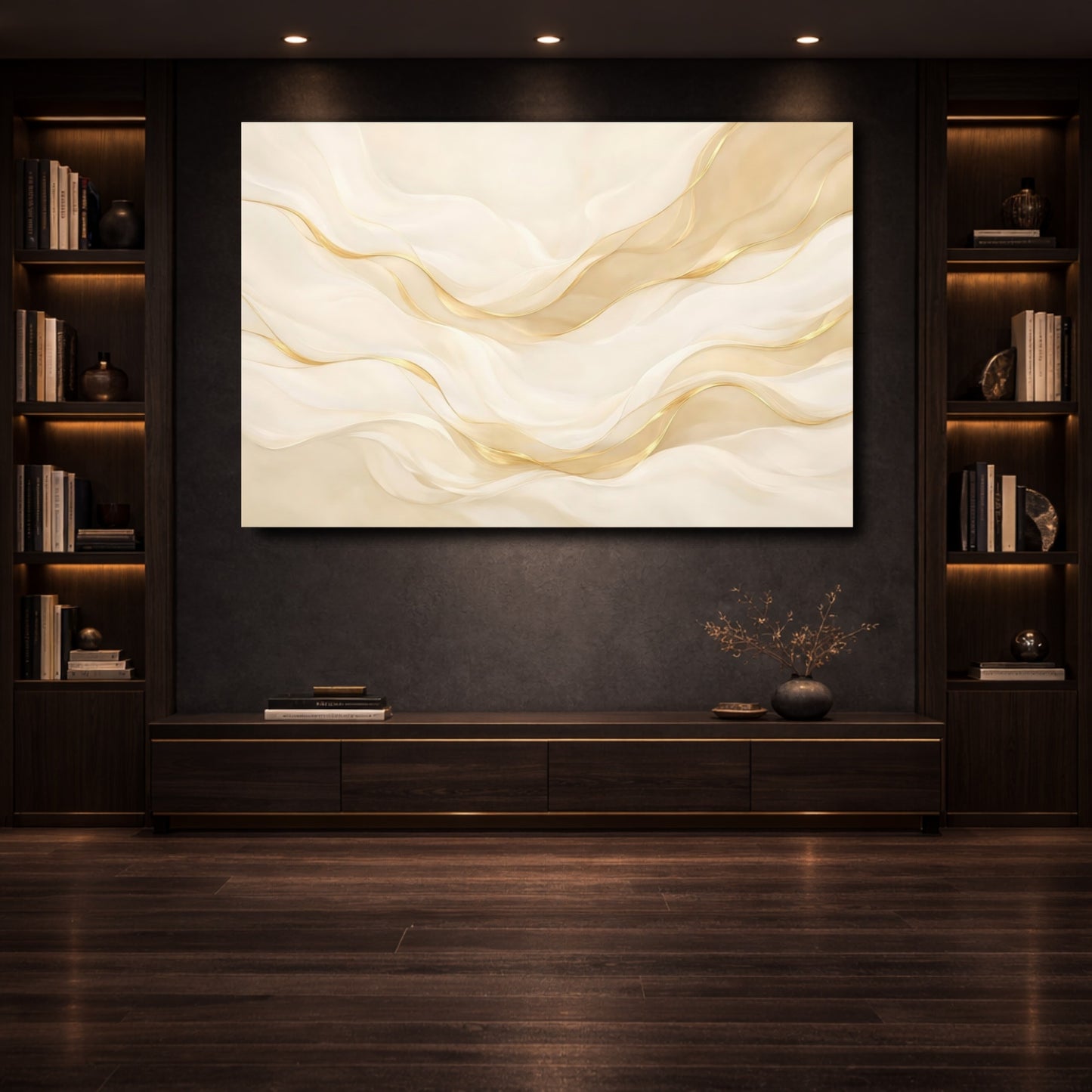 Mockup 3. Abstract Abstract Waves Cream Gold Waves shown as stretched canvas wall art