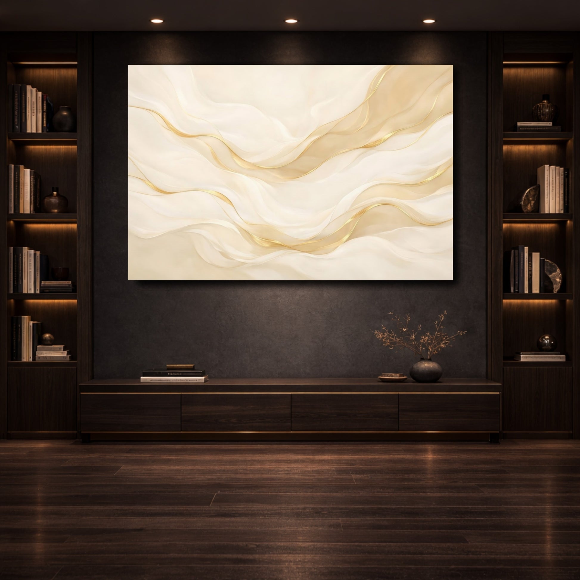 Mockup 3. Abstract Abstract Waves Cream Gold Waves shown as stretched canvas wall art