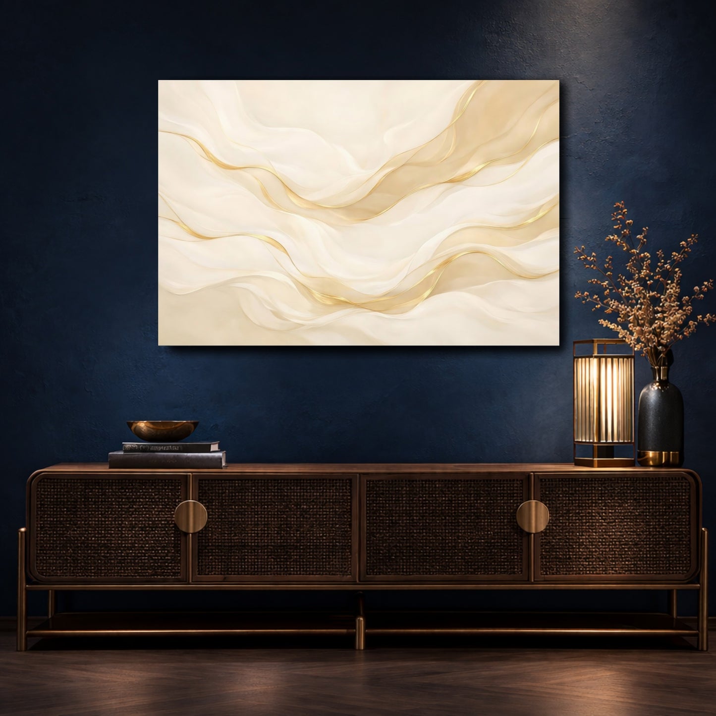 Mockup 4. Abstract Abstract Waves Cream Gold Waves shown as stretched canvas wall art