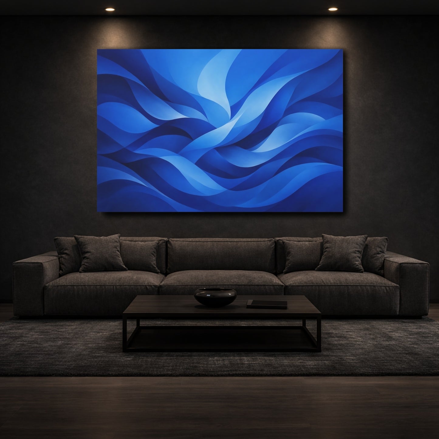 Mockup 2. Abstract Abstract Waves Deep Blue Abstract shown as stretched canvas wall art