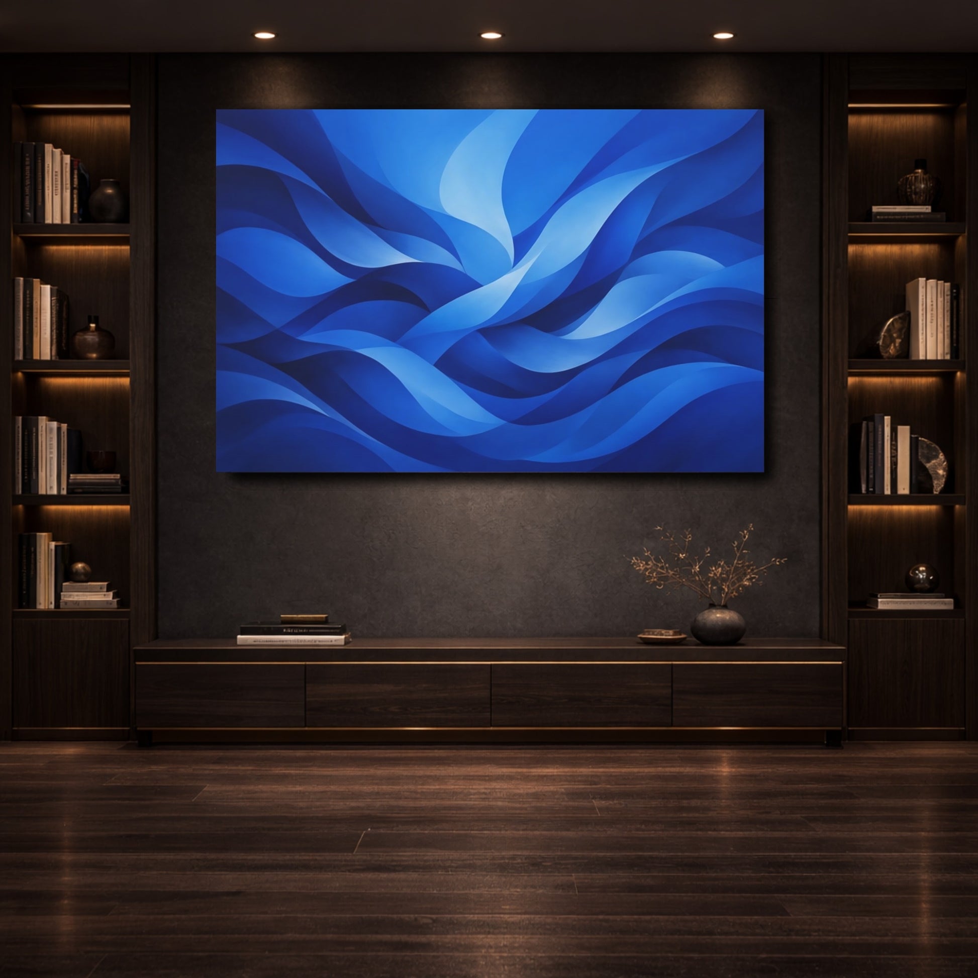 Mockup 3. Abstract Abstract Waves Deep Blue Abstract shown as stretched canvas wall art
