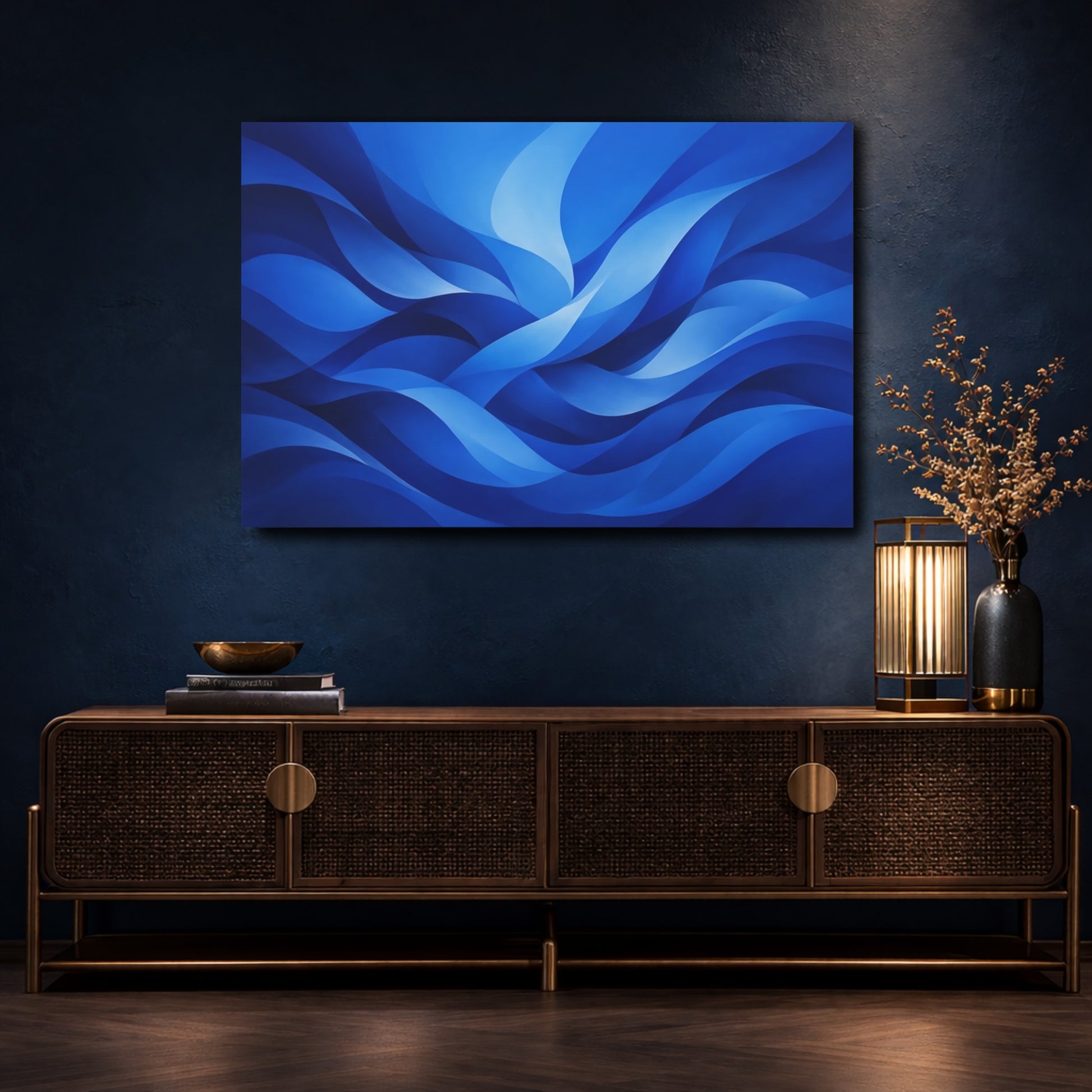 Mockup 4. Abstract Abstract Waves Deep Blue Abstract shown as stretched canvas wall art