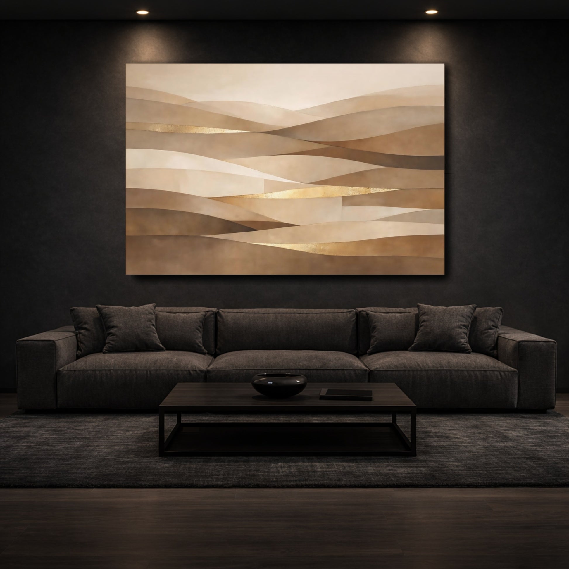 Mockup 2. Abstract Abstract Waves Earthy Gold Waves shown as stretched canvas wall art