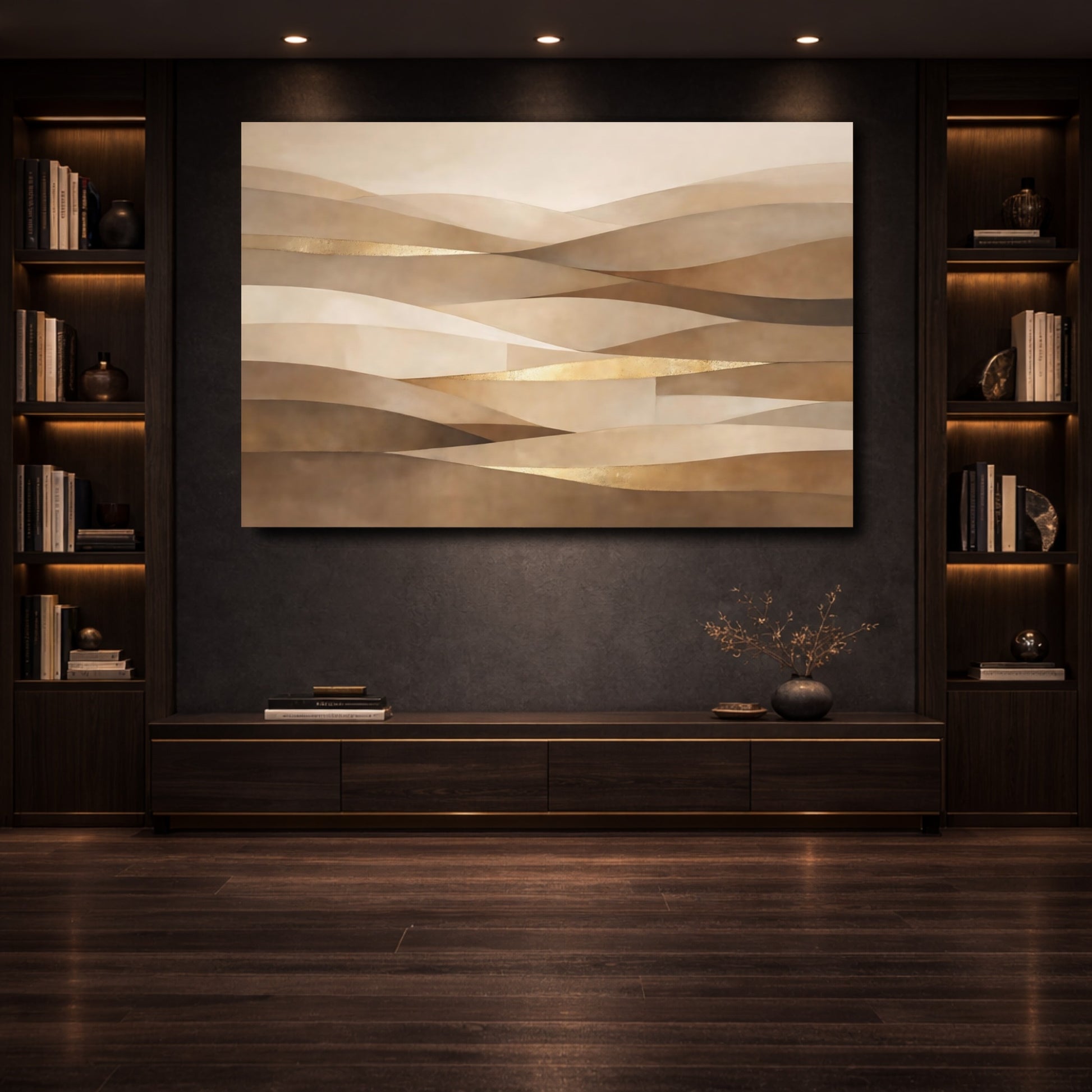 Mockup 3. Abstract Abstract Waves Earthy Gold Waves shown as stretched canvas wall art