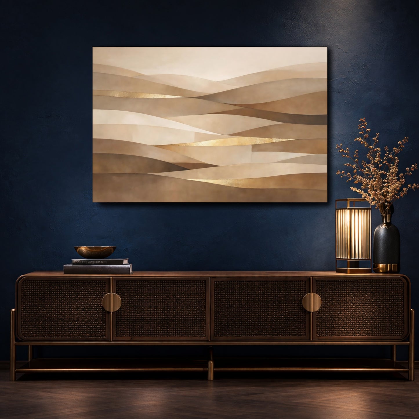 Mockup 4. Abstract Abstract Waves Earthy Gold Waves shown as stretched canvas wall art