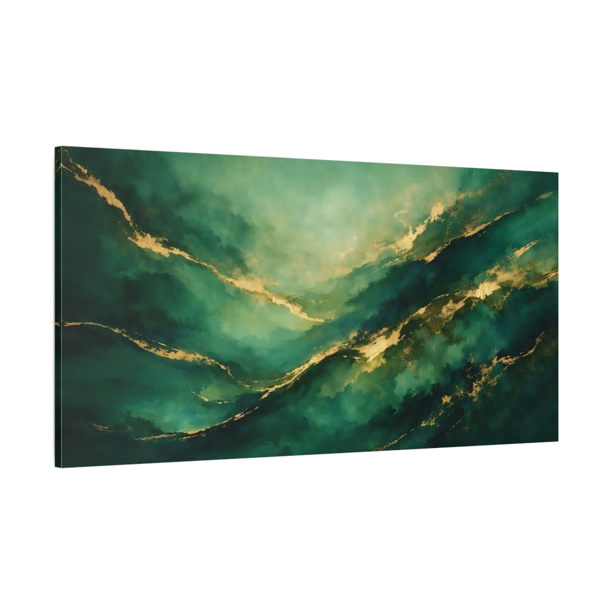 Main Mockup. Abstract Abstract Waves Emerald Gold Abstract shown as stretched canvas wall art