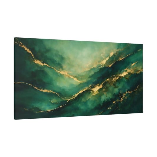 Main Mockup. Abstract Abstract Waves Emerald Gold Abstract shown as stretched canvas wall art