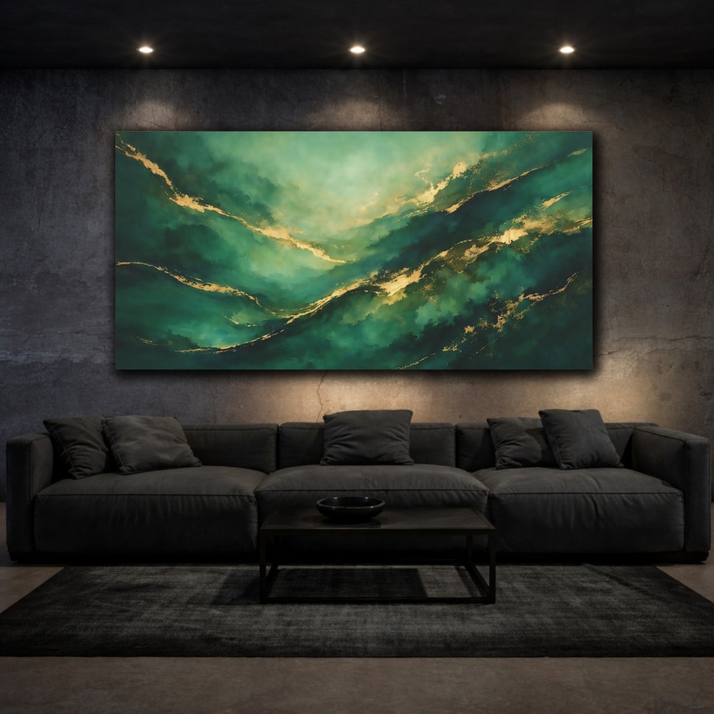 Mockup 2. Abstract Abstract Waves Emerald Gold Abstract shown as stretched canvas wall art