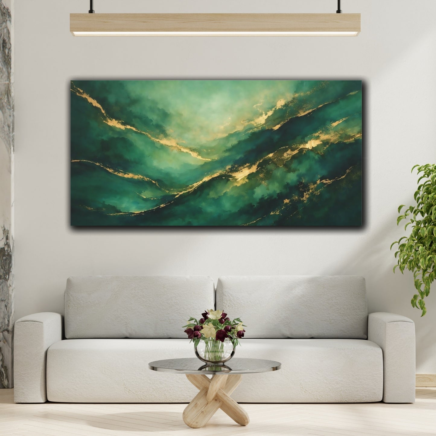Mockup 3. Abstract Abstract Waves Emerald Gold Abstract shown as stretched canvas wall art