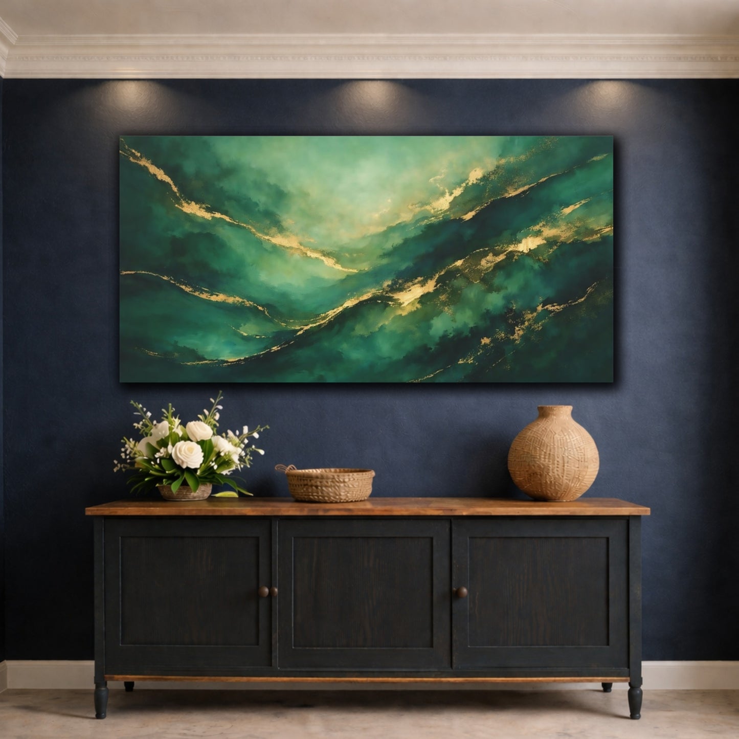 Mockup 4. Abstract Abstract Waves Emerald Gold Abstract shown as stretched canvas wall art