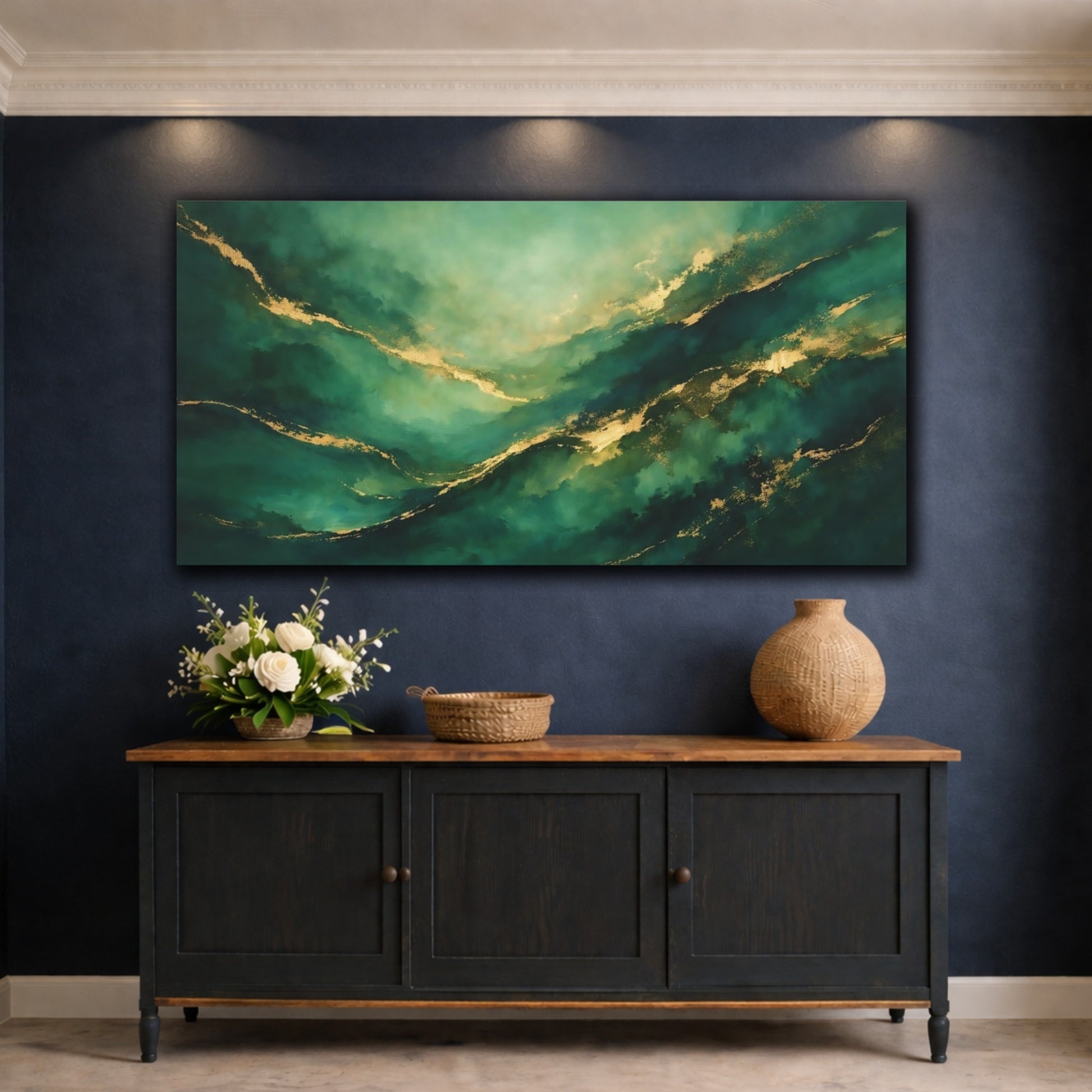 Mockup 4. Abstract Abstract Waves Emerald Gold Abstract shown as stretched canvas wall art
