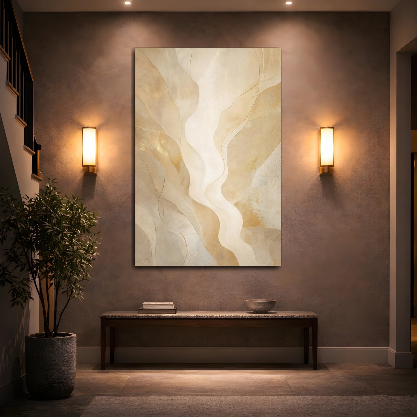 Mockup 2. Abstract Abstract Waves Gold Abstract shown as stretched canvas wall art