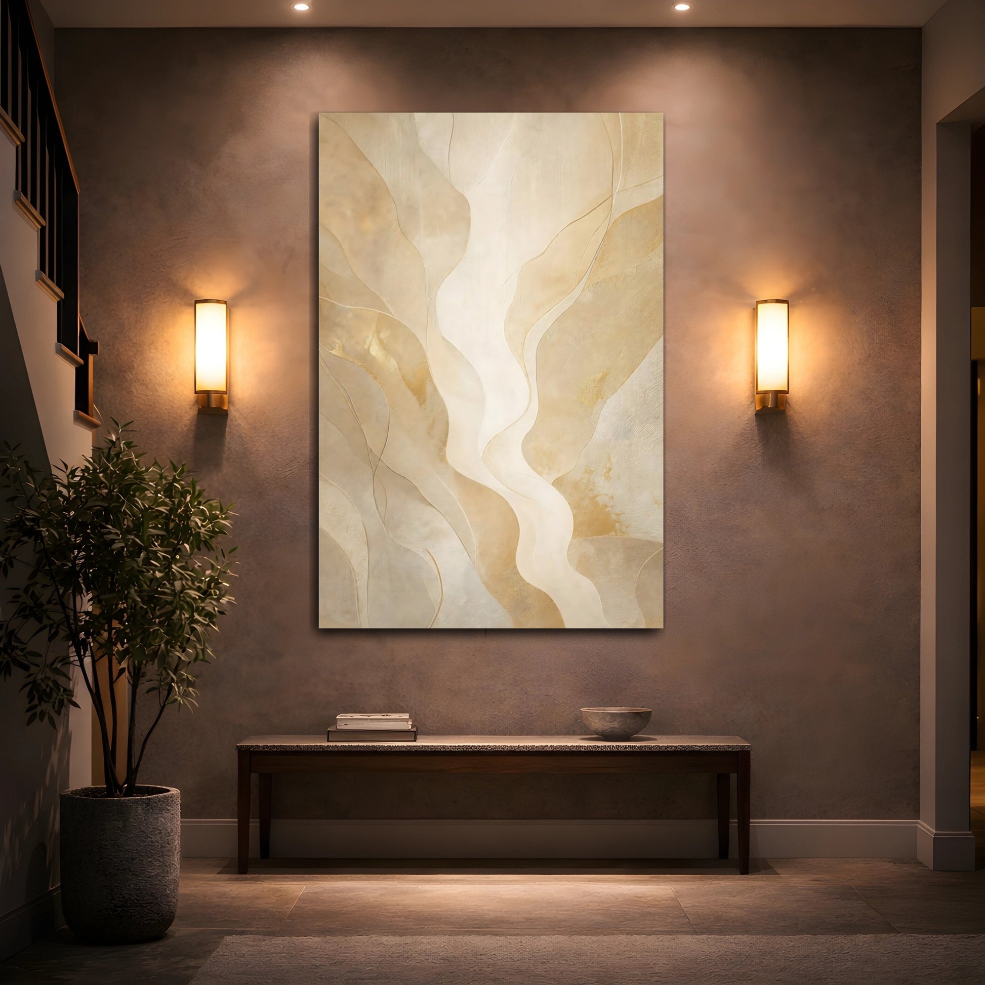 Mockup 2. Abstract Abstract Waves Gold Abstract shown as stretched canvas wall art