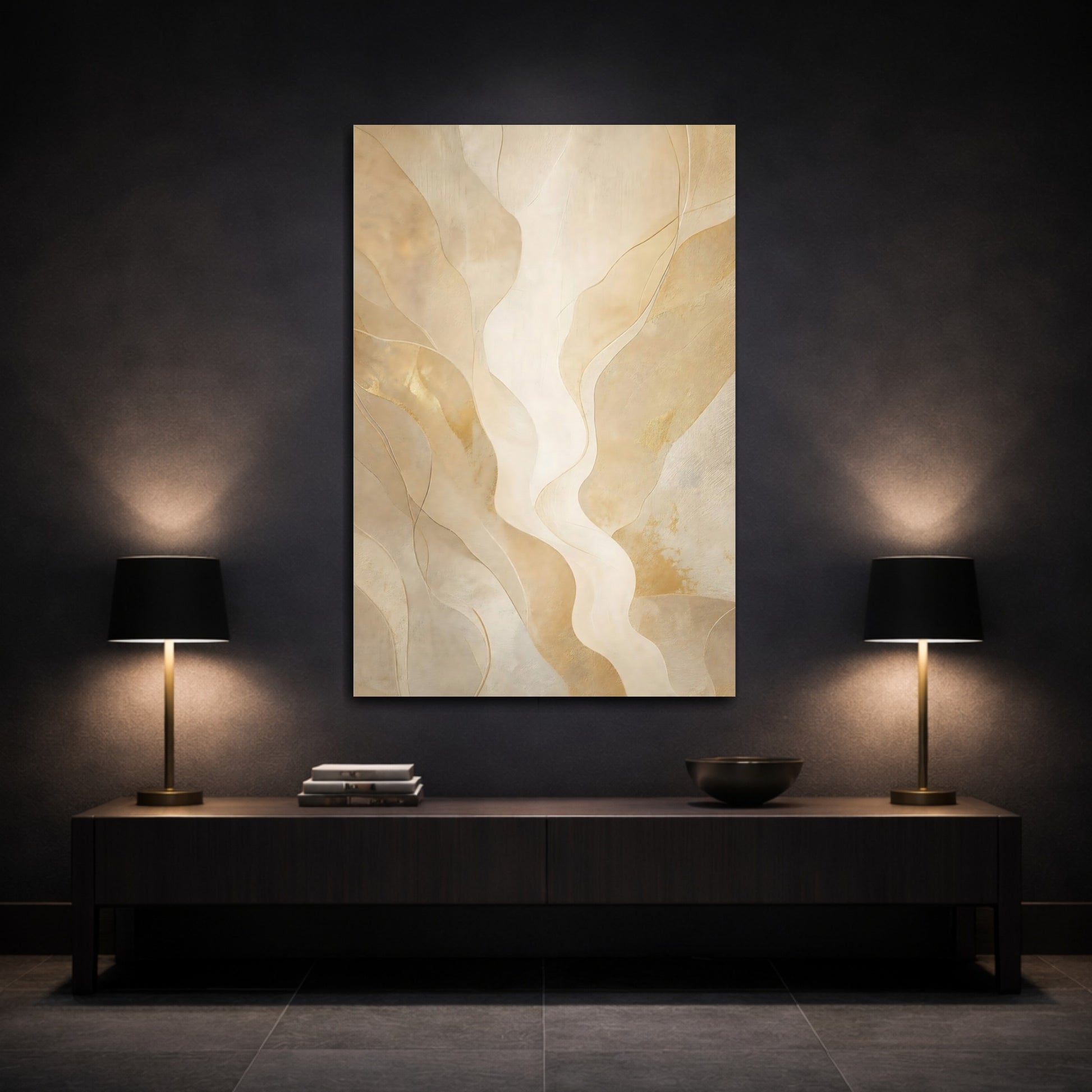 Mockup 3. Abstract Abstract Waves Gold Abstract shown as stretched canvas wall art