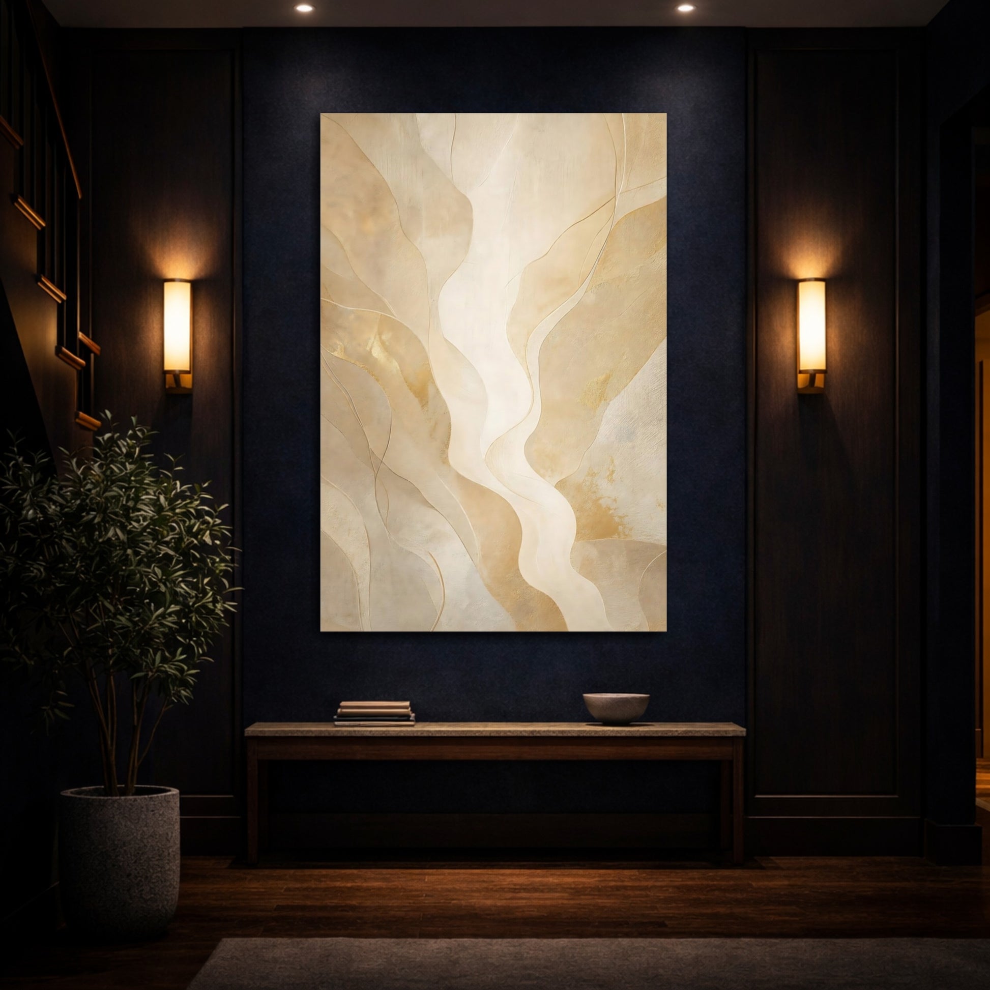 Mockup 4. Abstract Abstract Waves Gold Abstract shown as stretched canvas wall art