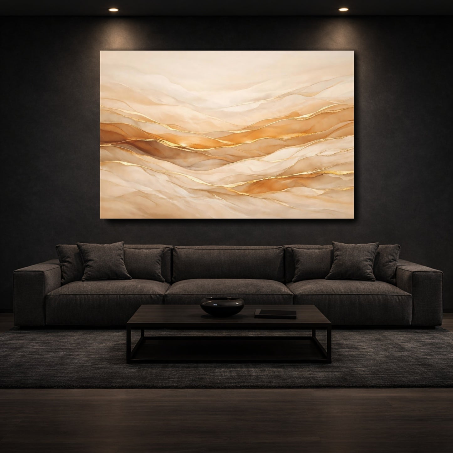 Mockup 2. Abstract Abstract Waves Gold Abstract Waves shown as stretched canvas wall art