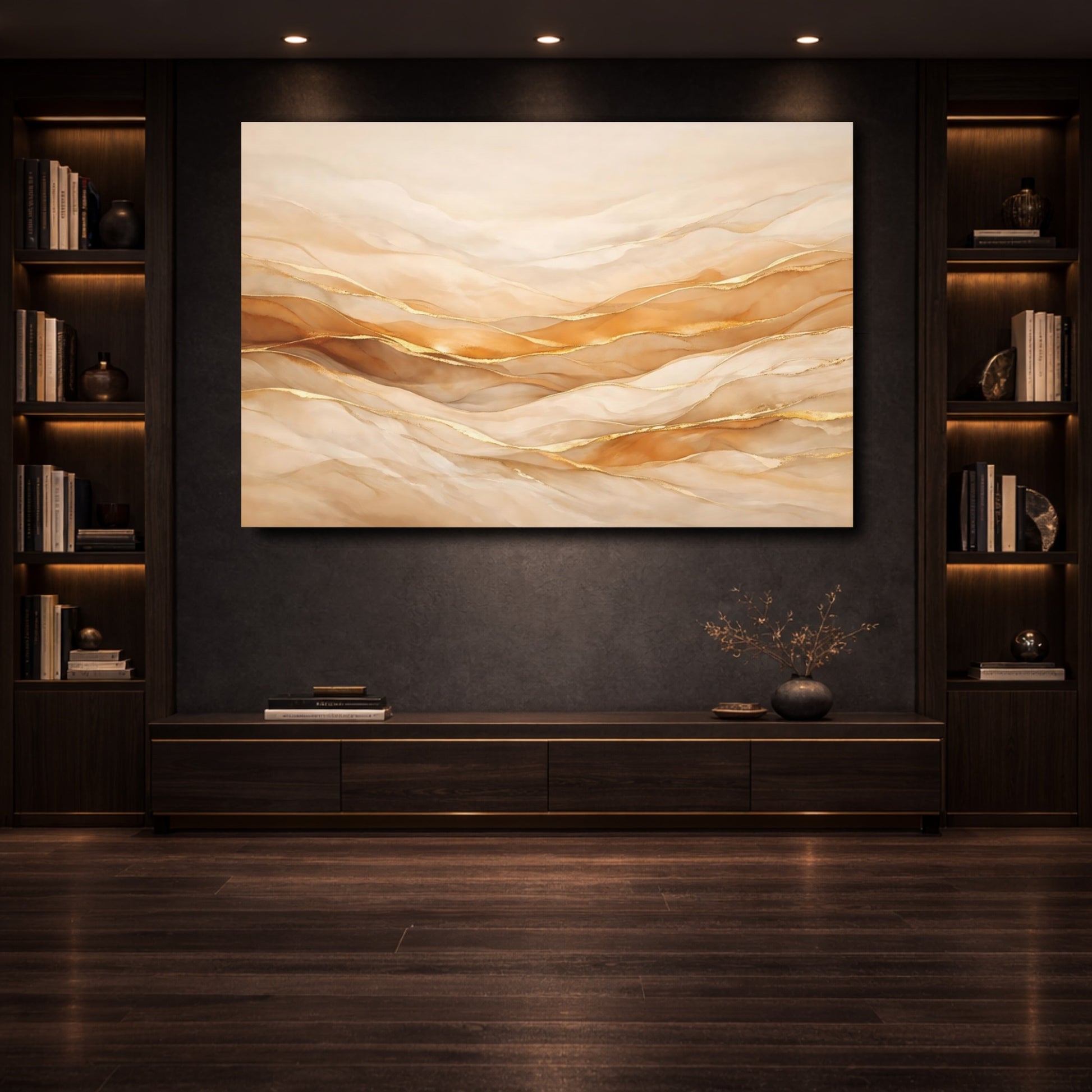 Mockup 3. Abstract Abstract Waves Gold Abstract Waves shown as stretched canvas wall art