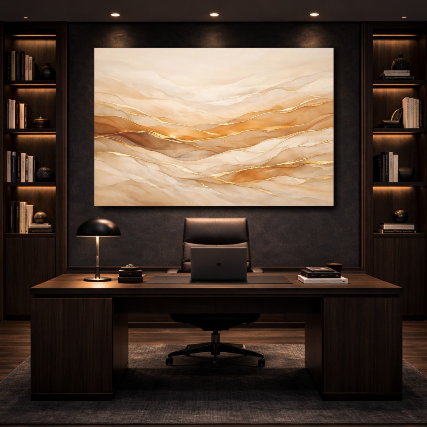 Mockup 4. Abstract Abstract Waves Gold Abstract Waves shown as stretched canvas wall art