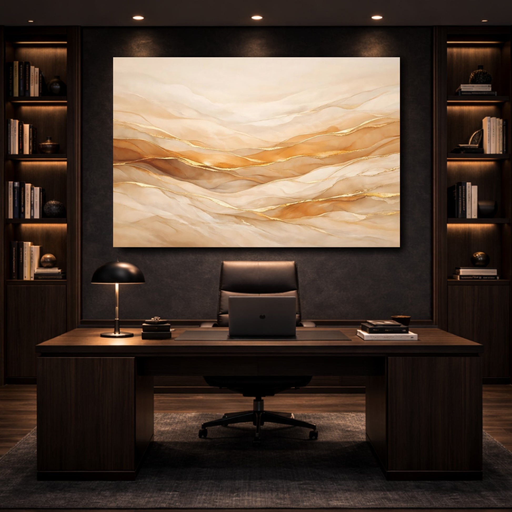 Mockup 4. Abstract Abstract Waves Gold Abstract Waves shown as stretched canvas wall art