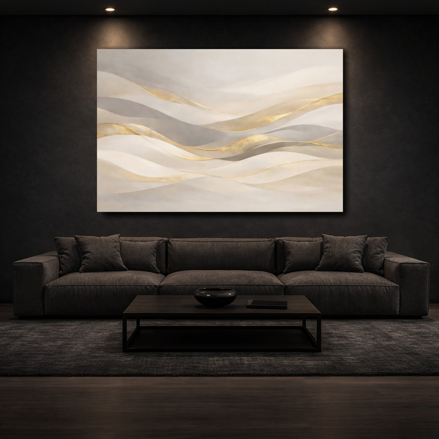Mockup 2. Abstract Abstract Waves Gold And Beige Abstract shown as stretched canvas wall art