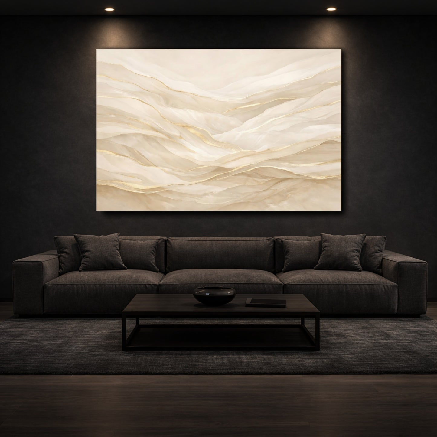 Mockup 2. Abstract Abstract Waves Gold And Beige Abstract shown as stretched canvas wall art