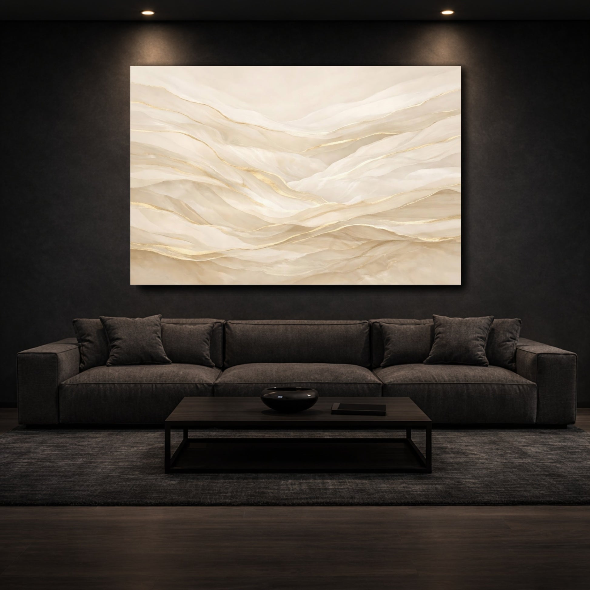 Mockup 2. Abstract Abstract Waves Gold And Beige Abstract shown as stretched canvas wall art