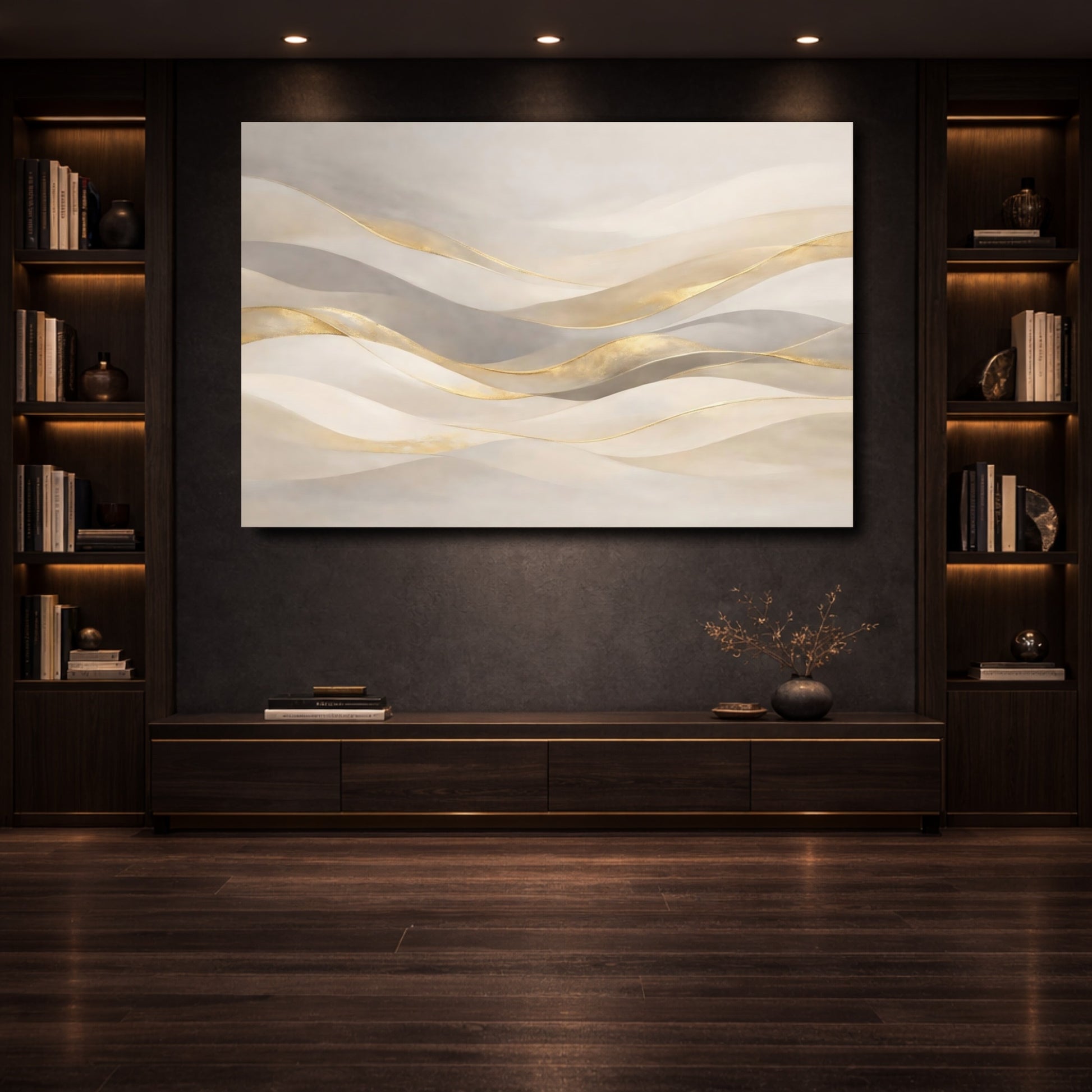 Mockup 3. Abstract Abstract Waves Gold And Beige Abstract shown as stretched canvas wall art