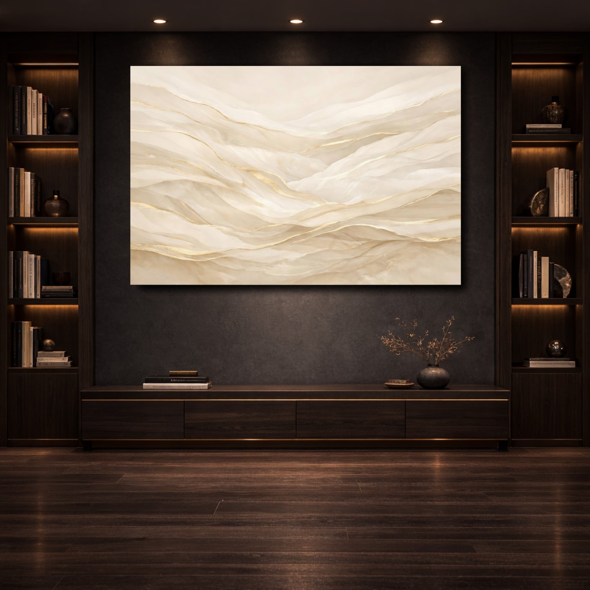Mockup 3. Abstract Abstract Waves Gold And Beige Abstract shown as stretched canvas wall art