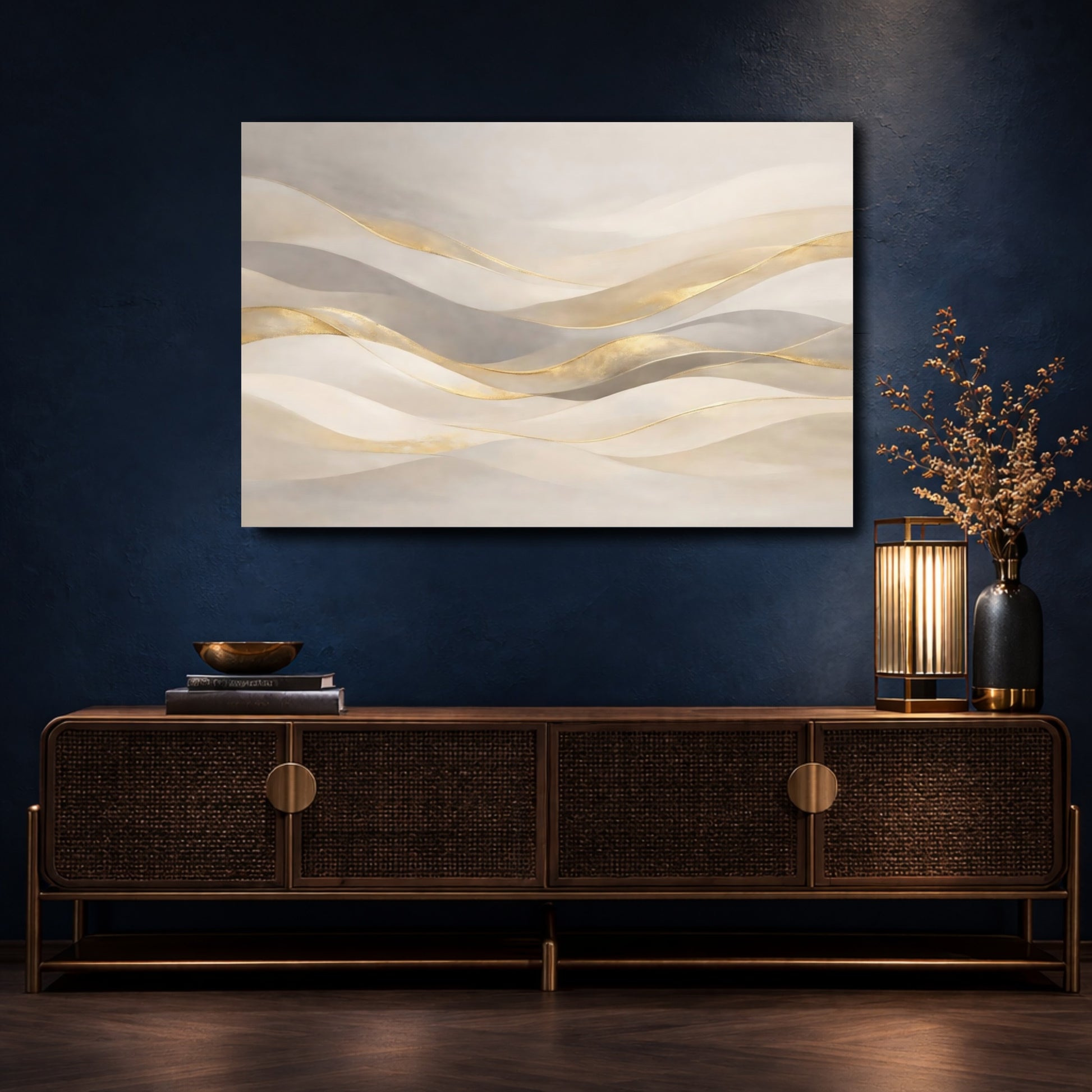 Mockup 4. Abstract Abstract Waves Gold And Beige Abstract shown as stretched canvas wall art