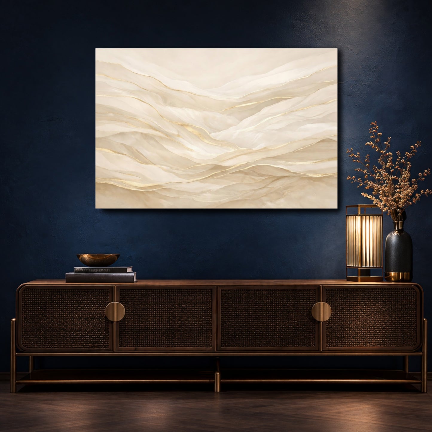 Mockup 4. Abstract Abstract Waves Gold And Beige Abstract shown as stretched canvas wall art