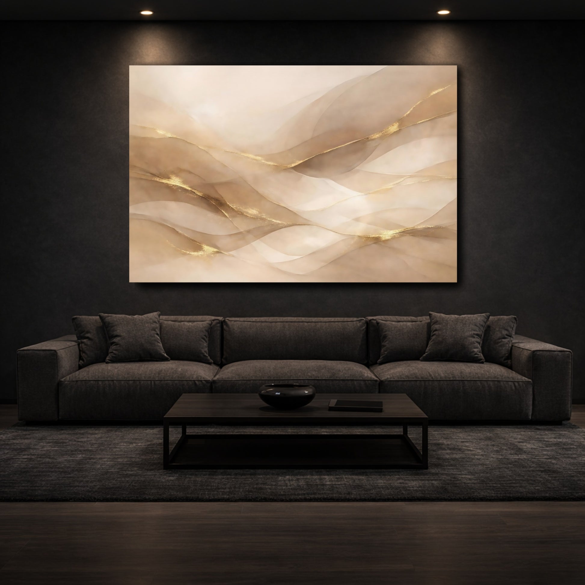 Mockup 2. Abstract Abstract Waves Gold And Beige shown as stretched canvas wall art