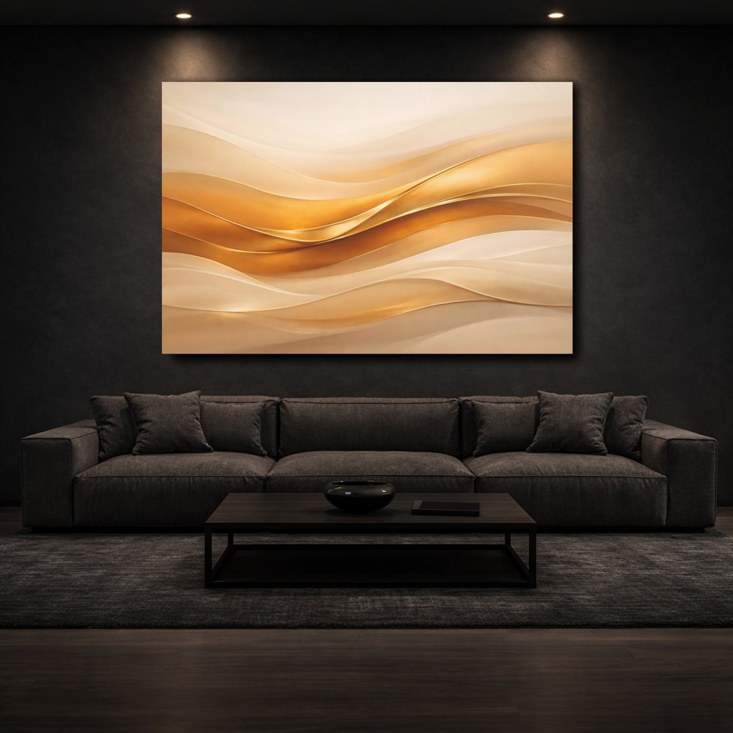 Mockup 2. Abstract Abstract Waves Gold And Beige shown as stretched canvas wall art